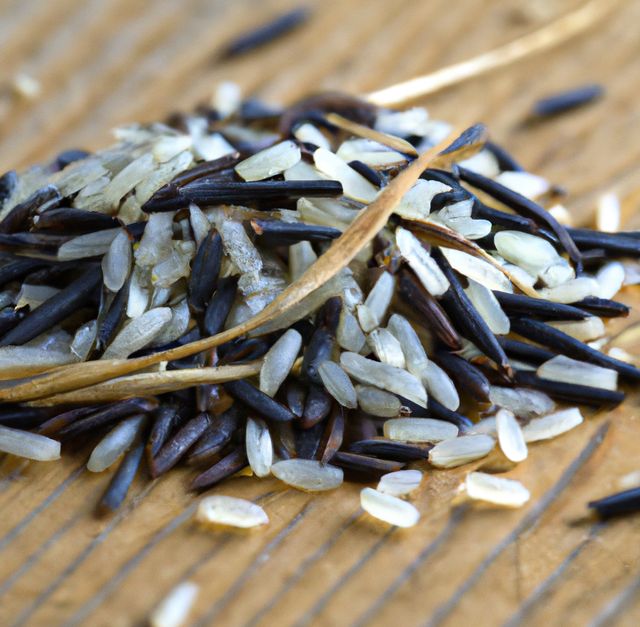 Image of close up of heap of multiple grains of wild rice on wooden background. Food and wholesome ingredients concept.