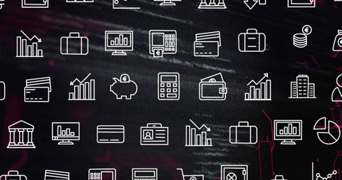 Monochrome finance icon pattern on dark digital background featuring piggy bank and cards