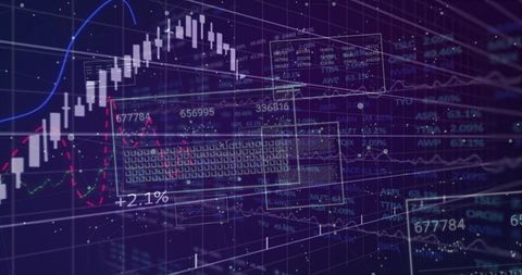 Futuristic Financial Dashboard Visualizing Candlestick Charts and Holographic Market Data