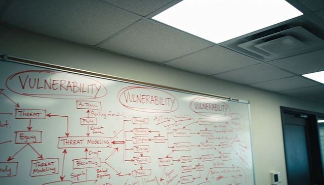 Whiteboard showing vulnerability threat modeling flowchart with red marker mindmap in office