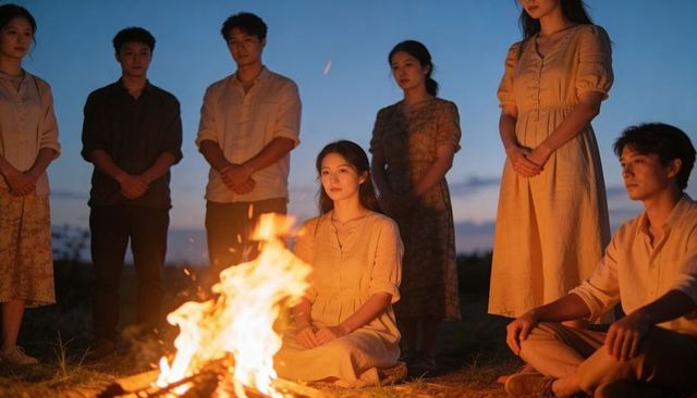 Asian young adults gathering around bonfire at sunset in rural meadow, vintage warm glow