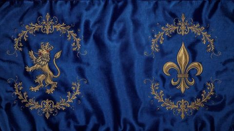 Royal blue silk with gold lion and fleur-de-lis design