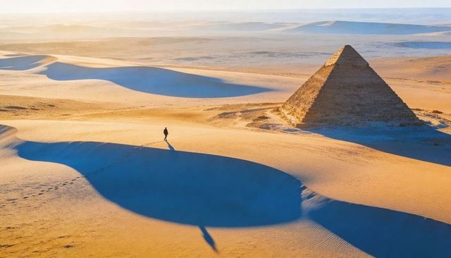 Solitary traveler crossing vast golden dunes toward pyramidal ruins at sunrise, long shadows