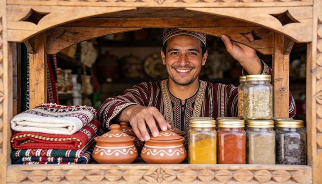 Smiling market vendor arranging terracotta pots, spice jars at carved stall with textiles