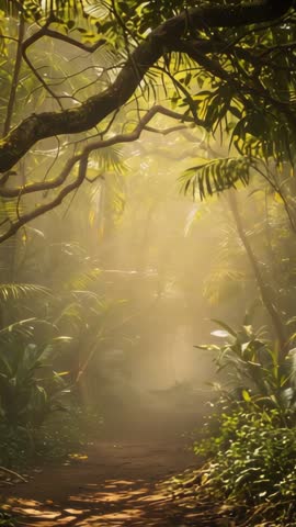 Sunlight filtering through jungle canopy over winding trail in mist, vertical video