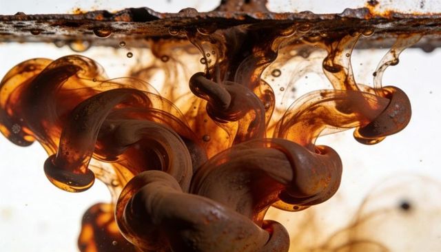 Swirling amber ink plumes curling beneath glass rim backlit fluid dynamics copper tones