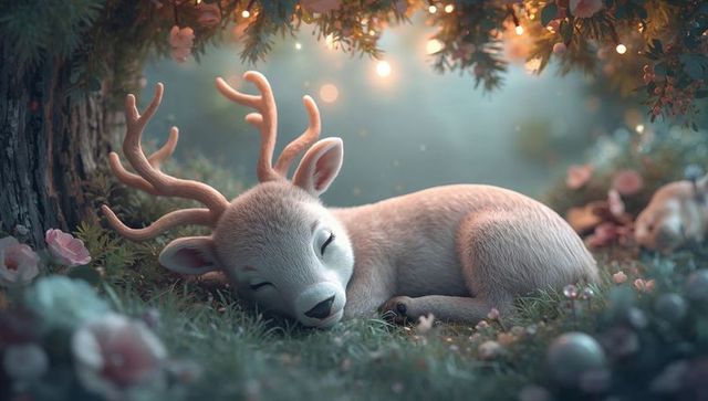 Sleeping fawn with branching antlers in enchanted mossy glade with fairy lights