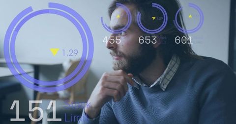 Thoughtful analyst viewing augmented hud stock limit dashboard, analyzing data at desk