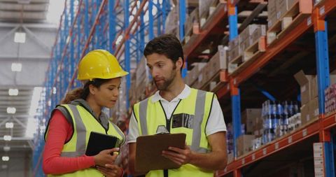 Warehouse team checking inventory with tablet and clipboard, wearing safety gear