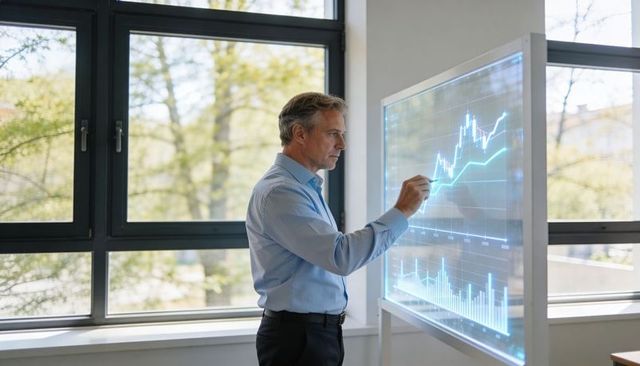 Mature businessman interacting with transparent digital finance dashboard in bright office