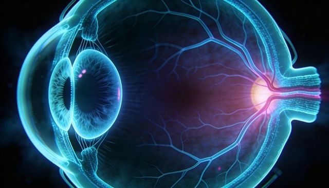 Cross-sectional 3d illustration of eye showing cornea, iris, lens, retina, optic nerve