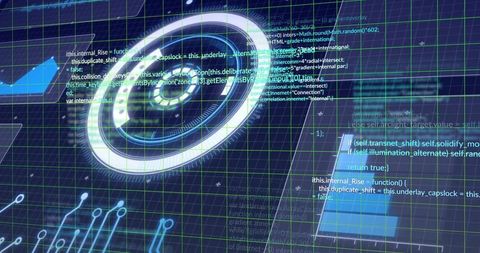 Futuristic digital interface with holographic elements and code snippets