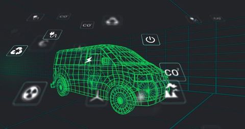 Exploring future of electric vans in neon digital gridworld