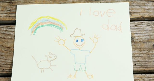 A child's colorful drawing featuring a stick figure family and the words I love dad is displayed, with copy space. The artwork expresses a young child's affection for their father, showcasing creativity and emotional connection.