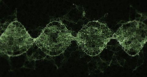 Glowing digital 3d dna strand in motion on black background