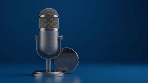 Press release retro microphone and news plaque in studio setting