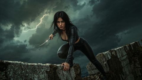 Courageous assassin warrior woman prepared in stormy fortress