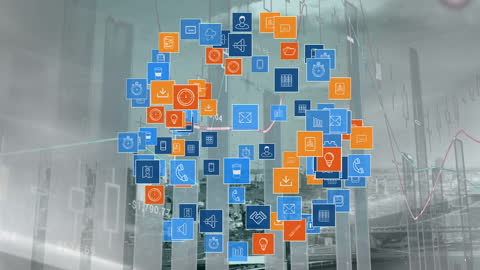 Digital Globe Formed by Icons Overlapping Cityscape and Business Graphs