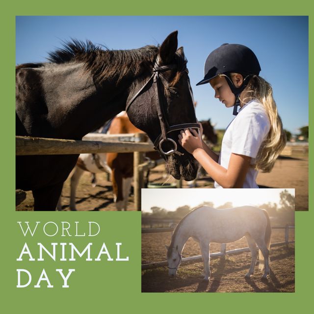 Girl Celebrating World Animal Day with Horses Outdoors - Download Free Stock Templates Pikwizard.com