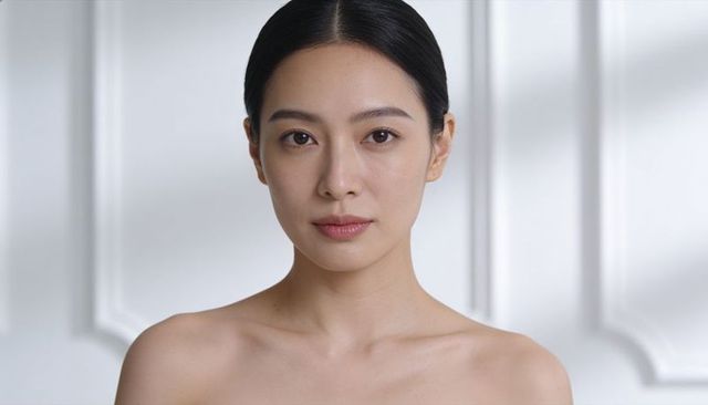 Clean minimalist asian female beauty headshot with bare shoulders and natural skincare look