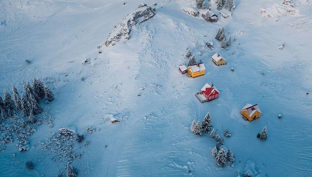 Colorful cabins perching on remote snowy slope amid frosted pines, aerial winter landscape