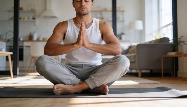 Man practicing yoga meditation and mindful breathing on mat in modern home