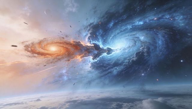 Colliding Spiral Galaxies Creating Luminous Gas Bridge Above Planet Limb Nebula Starfield