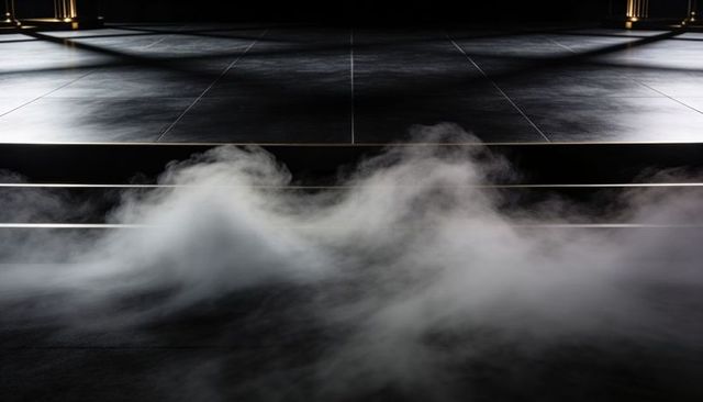 Low Fog Rolling Across Tiled Platform Under Warm Spotlights, Dramatic Minimal Stage Scene