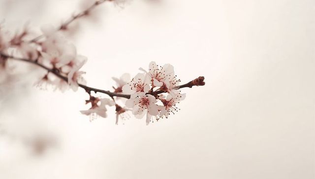 Delicate cherry blossom branch with pale pink flowers and minimal pastel bokeh