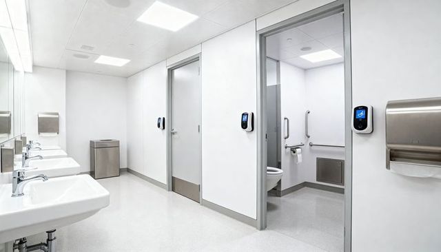 Modern accessible public restroom with multiple sinks, mirrors, touchless dispensers, grab bars