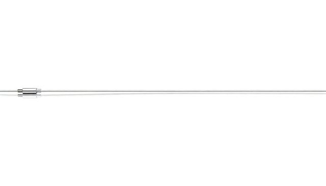 Minimalist polished chrome rod with ferrule reflection on white seamless studio surface