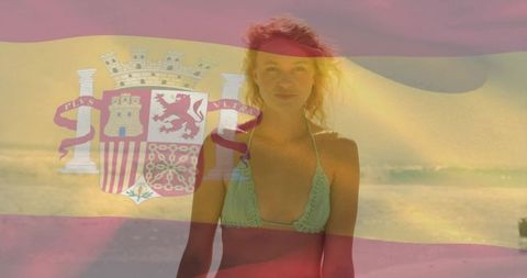Woman in Crochet Bikini Enjoying Spanish Beach with Flag Overlay