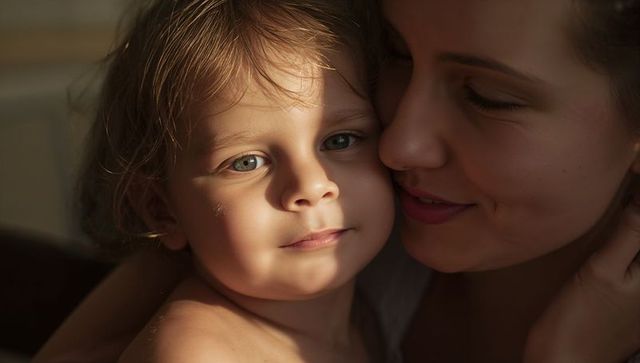 Mother cuddling toddler at window bathing in warm golden light intimate family moment