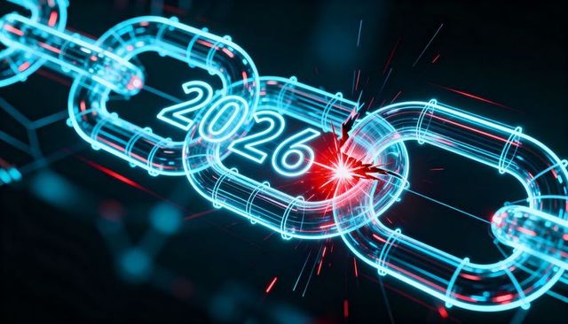 Fracturing neon chain link 2026 cybersecurity breach concept with glowing sparks