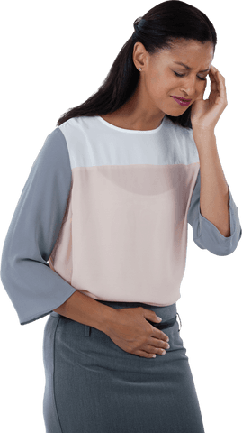 Transparent businesswoman in pain holding head and stomach