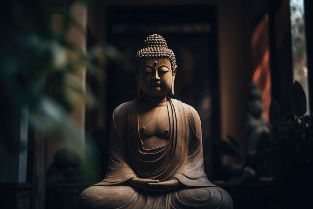 Buddha statue on wooden surface in shaded room, created using generative ai technology. Buddha, buddhism, religion and tradition concept digitally generated image.