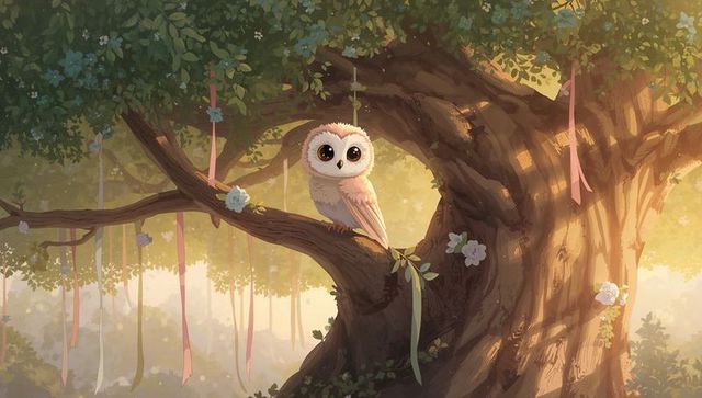 Perching heart-faced owl on ribbon-draped gnarled tree in sunlit glowing woodland