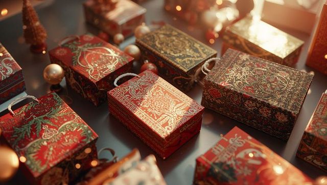 Ornate Gift Boxes with Gold Filigree on Decorated Tabletop