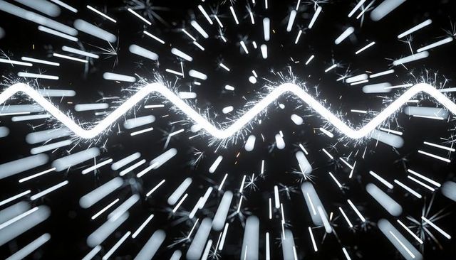Glowing zigzag neon light trail emitting sparks and tubular streaks in dark motion