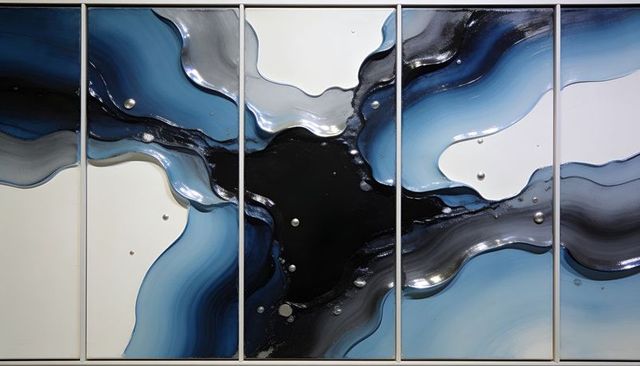 Five-panel glossy resin abstract wall art with metallic droplets, navy and silver gradients