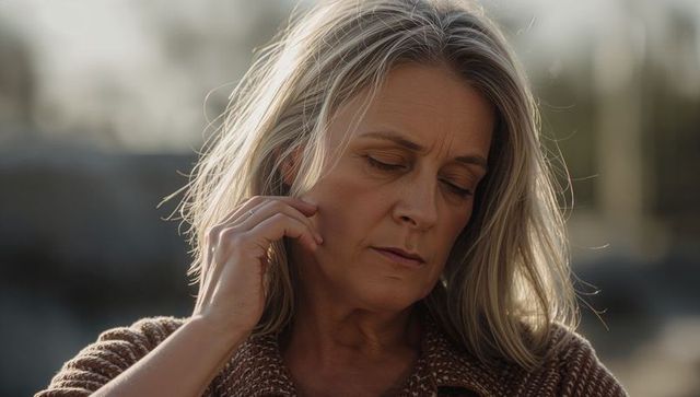 Contemplative mature woman touching face outdoors at dusk in knit sweater, silver hair
