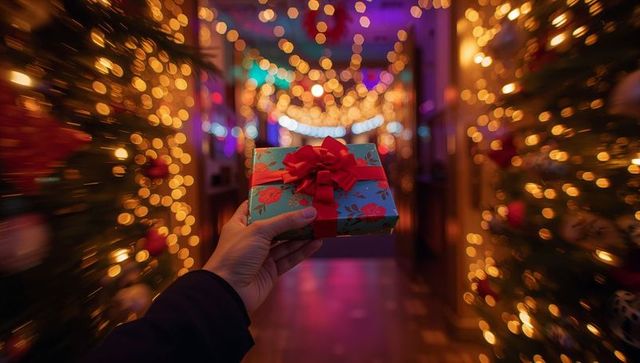 Christmas gift exchange with hand-held festive gift box