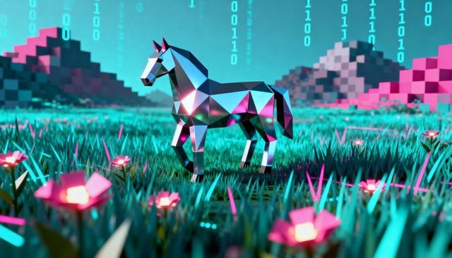 Reflecting Low-Poly Horse Standing in Neon Meadow with Falling Binary Code