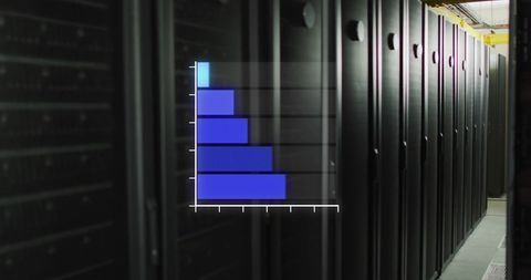 Data server room with digital graph overlay