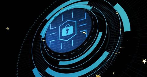 Hexagonal Padlock HUD Securing Data Streams with Binary Code and Futuristic Blue Rings