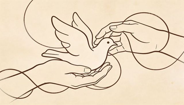 Hands releasing dove line art on parchment background with flowing ribbon motif