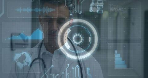 Doctor analyzing holographic biometric hud on transparent display for clinical diagnostics