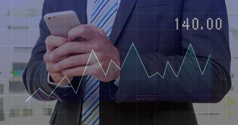 Executive Checking Smartphone with Financial Line Chart Overlay Showing 140.00 Value