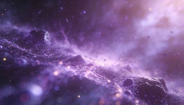 Shimmering violet cosmic dust ridge glowing nebula with floating particles and bokeh lights