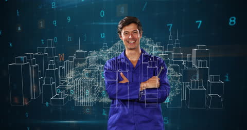 Young Engineer in Front of Futuristic Digital City and Data Scape